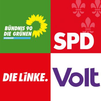 Die Logos der vier Parteien Bündnis90/DIE GRÜNEN, SPD, DIE LINKE und Volt sind als Kacheln zu einem Quadrat zusammengefügt